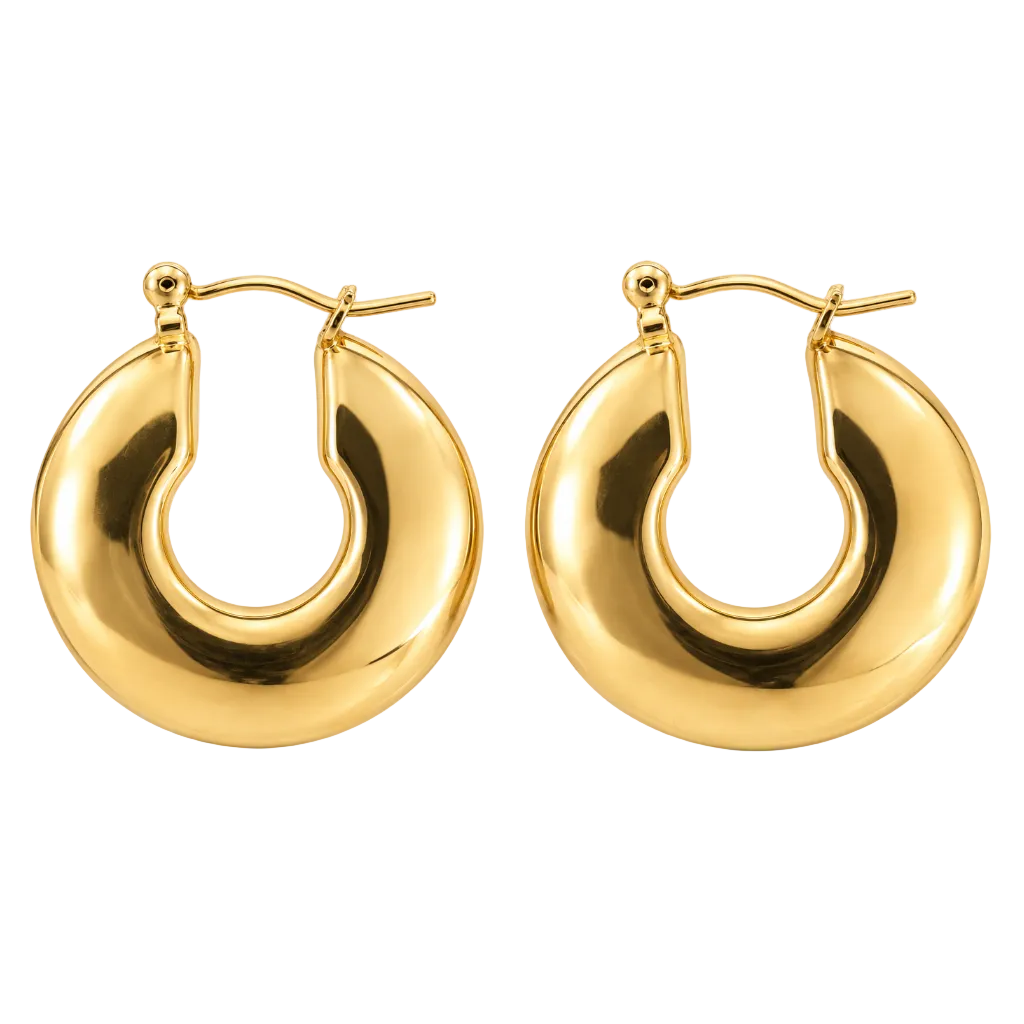 A pair of polished yellow gold crescent-shaped hoop earrings with fishhook backings, displayed on a clean white background.