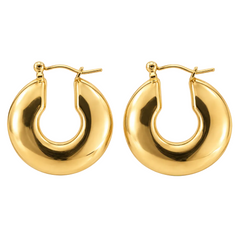 A pair of polished yellow gold crescent-shaped hoop earrings with fishhook backings, displayed on a clean white background.