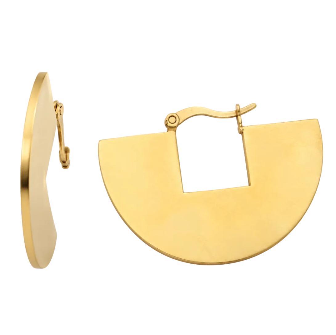 Gold-tone geometric hoop earrings with a square cutout, shown from both front and side angles on a white background.
