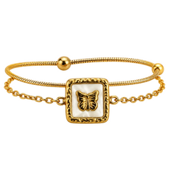 A gold-plated double-strand bangle bracelet featuring a central square charm with a white mother-of-pearl inlay and a gold butterfly motif, displayed on a clean white background.
