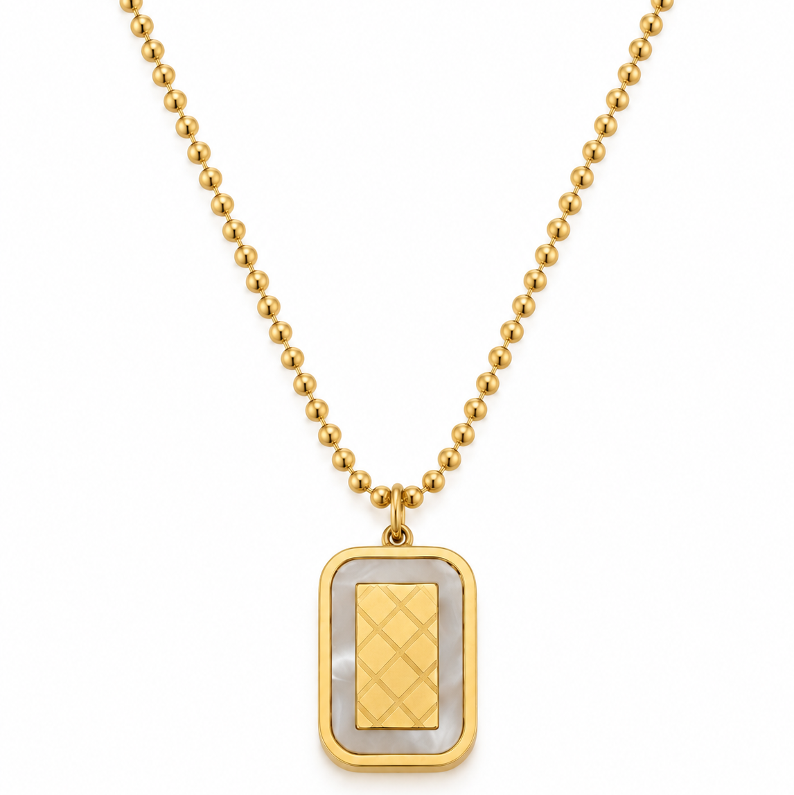 A gold ball-chain necklace with a rectangular pendant featuring a textured gold center and a white inlay border, shown on a plain white background.
