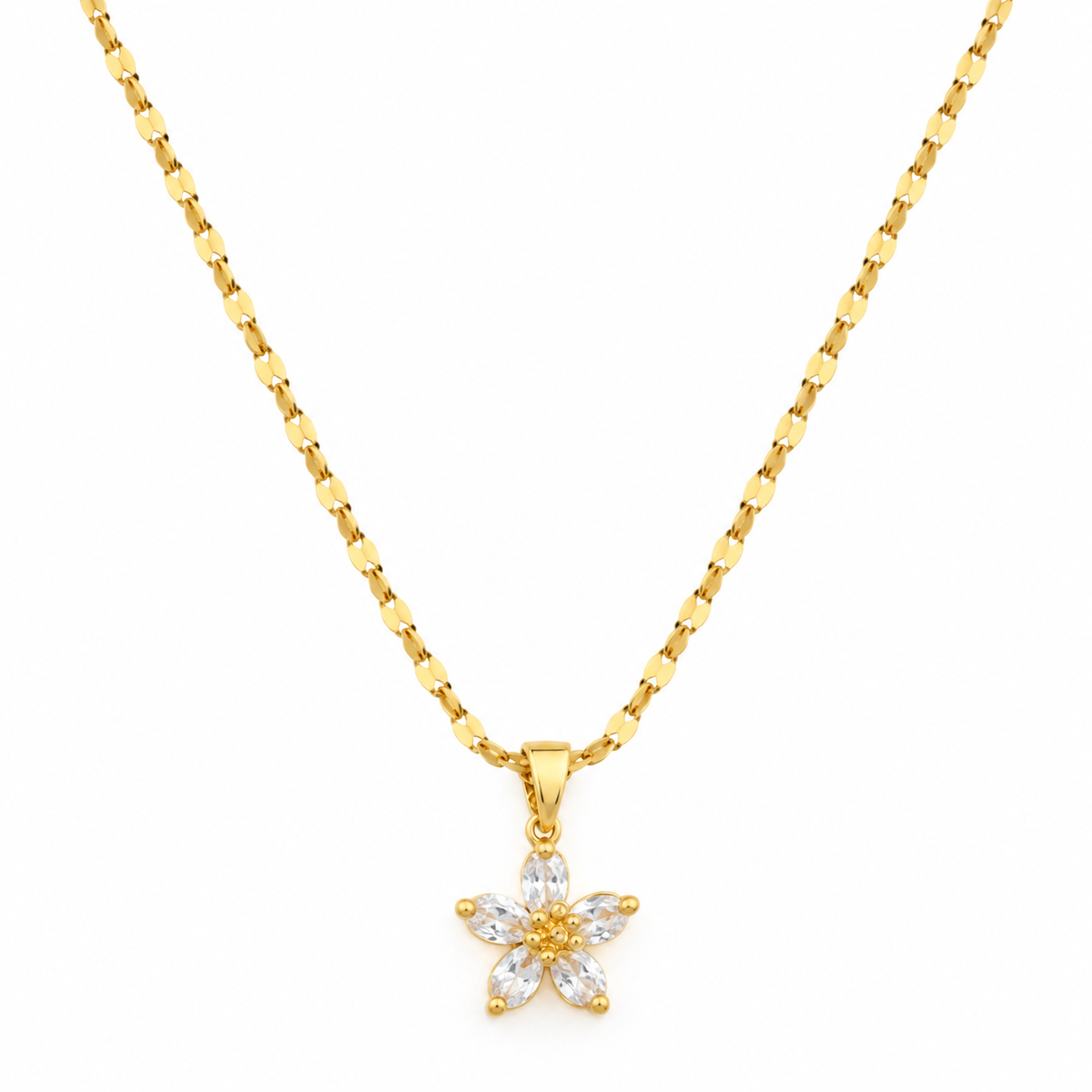 A gold chain necklace with a flower-shaped pendant featuring clear marquise-cut stones, displayed against a solid white background.