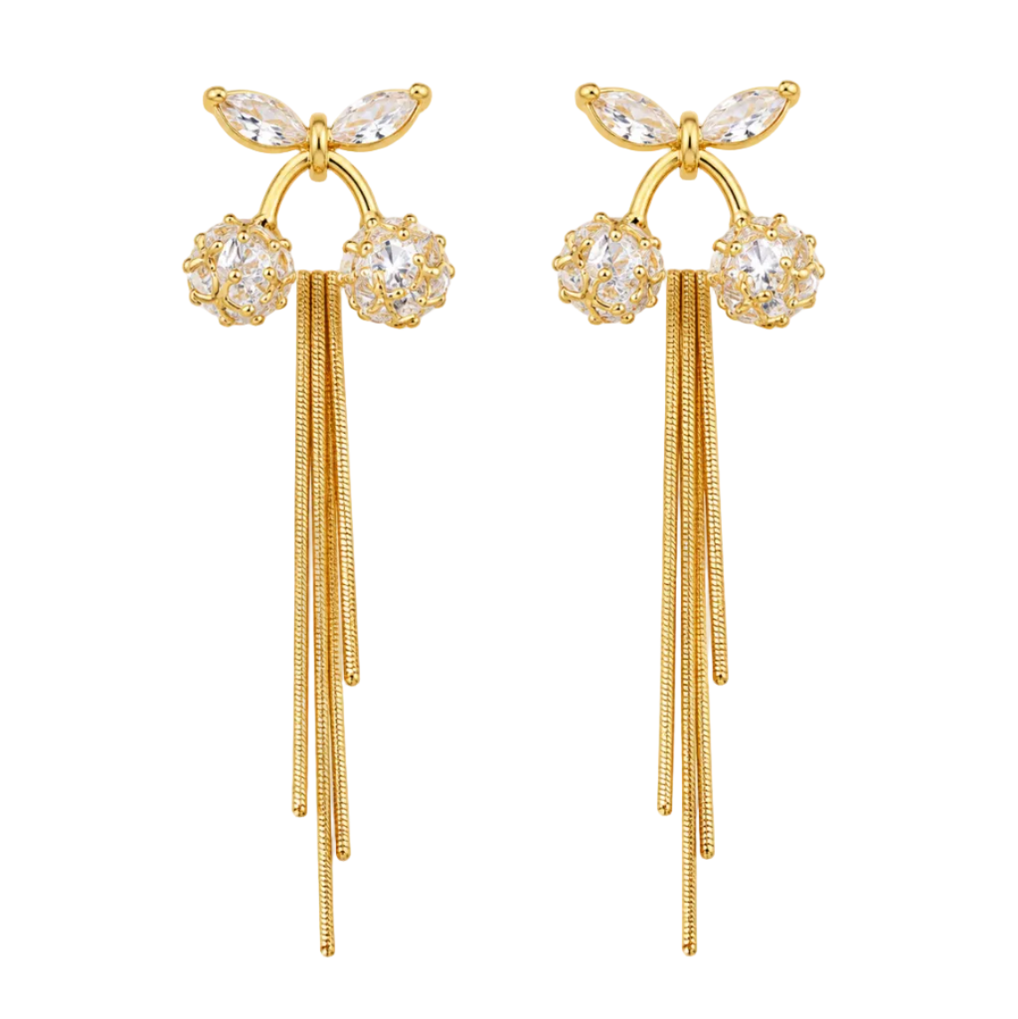 A pair of gold dangle earrings featuring clear marquise and round crystals at the top, with long textured gold chains hanging below, shown on a plain white background.