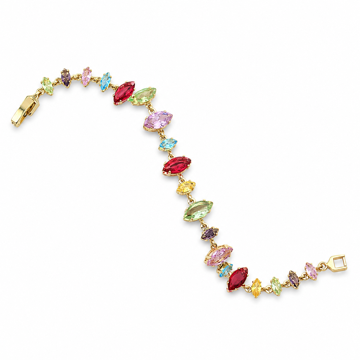 A gold-plated tennis bracelet featuring a series of colorful marquise-cut crystals in pink, red, green, blue, yellow, and purple, displayed on a clean white background.