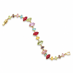A gold-plated tennis bracelet featuring a series of colorful marquise-cut crystals in pink, red, green, blue, yellow, and purple, displayed on a clean white background.