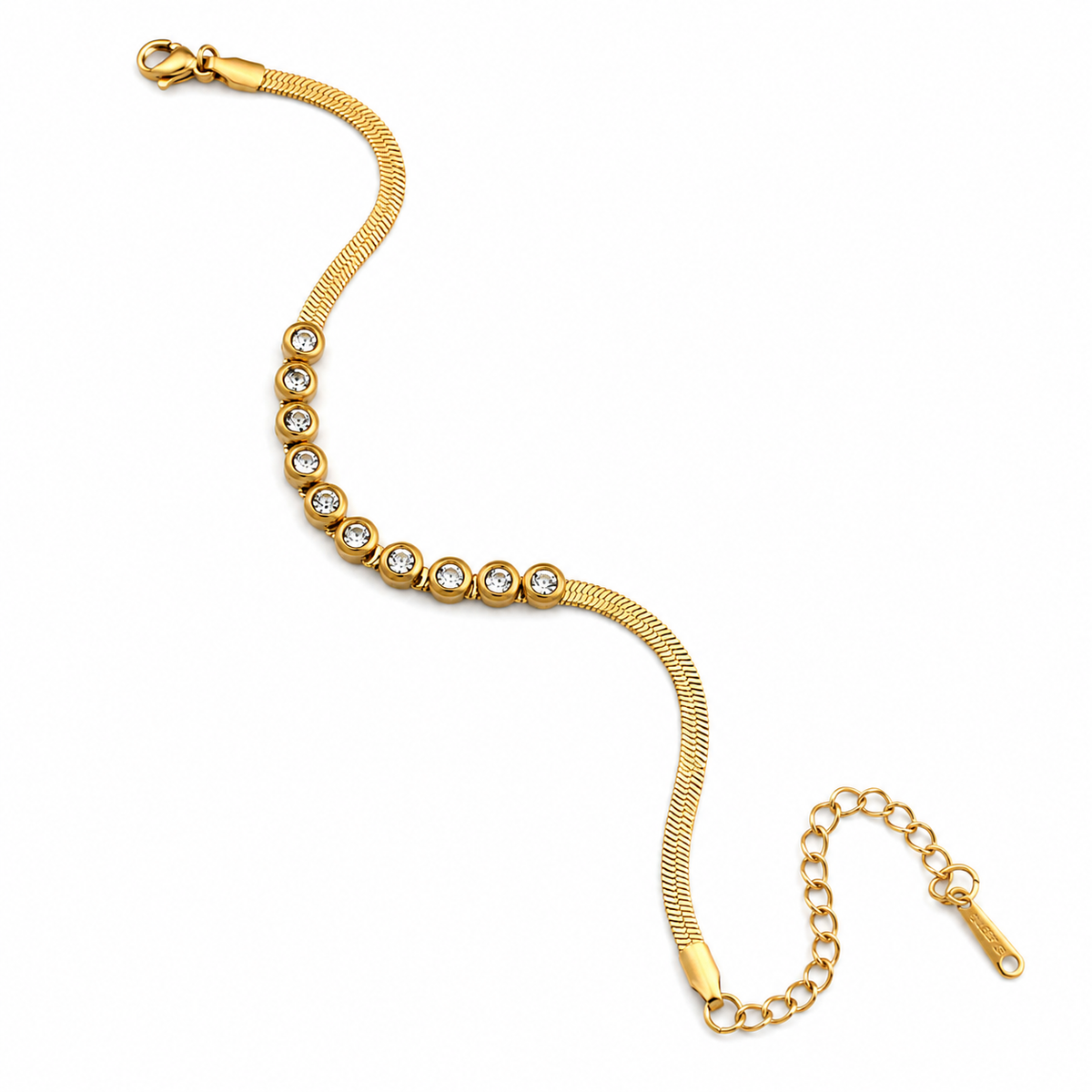 A gold snake chain bracelet featuring a row of bezel-set clear round stones, shown on a plain white background.