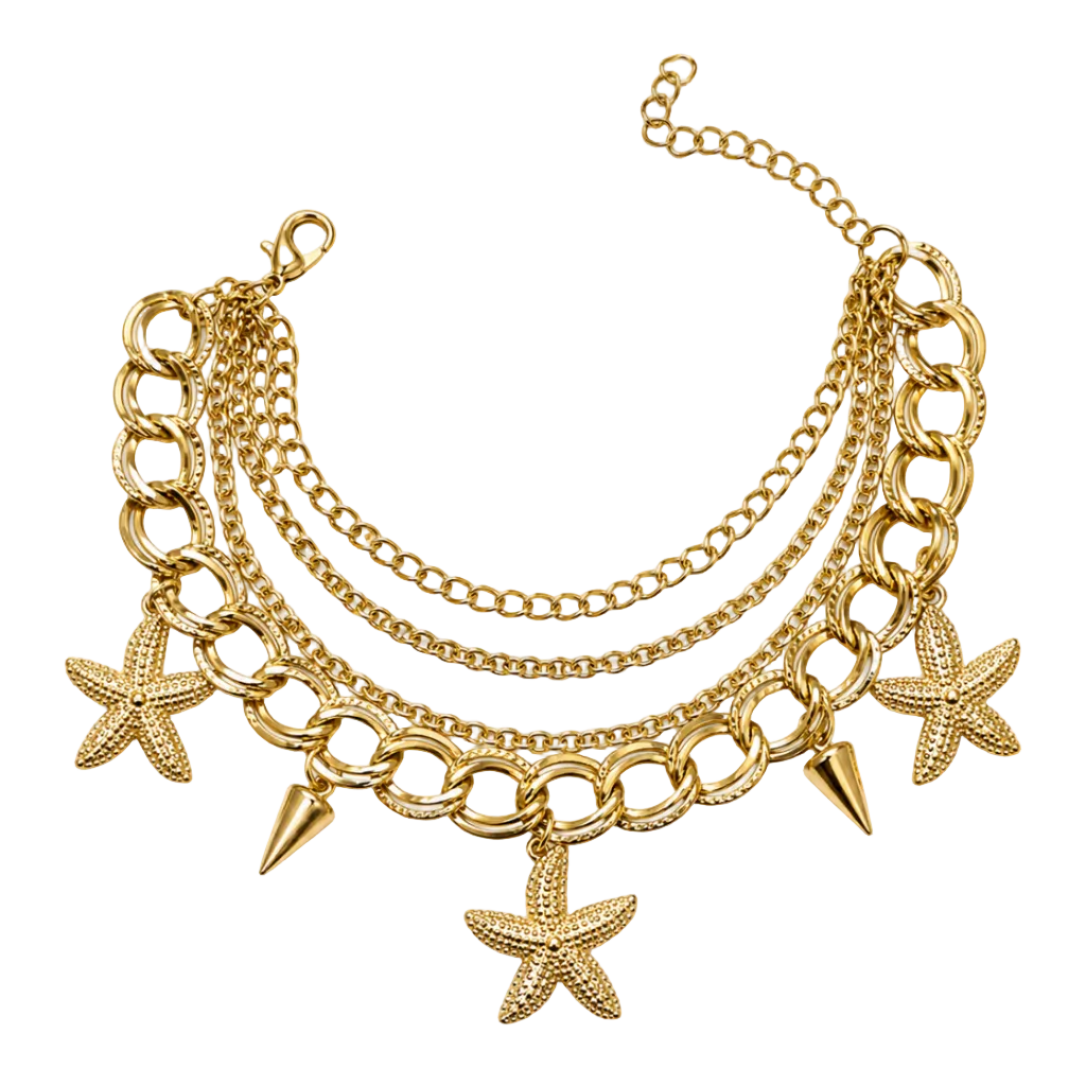 A gold-toned layered necklace featuring starfish charms, spiked cone charms, and mixed chain styles on a plain white background.
