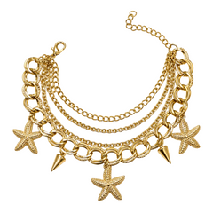 A gold-toned layered necklace featuring starfish charms, spiked cone charms, and mixed chain styles on a plain white background.
