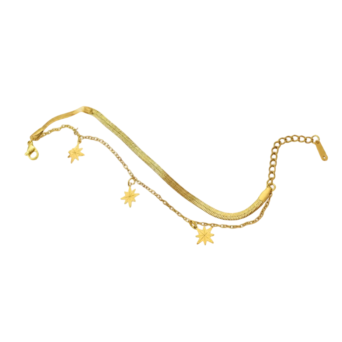 A gold-toned double-strand snake chain anklet with three dangling star-shaped charms, displayed on a clean white background.