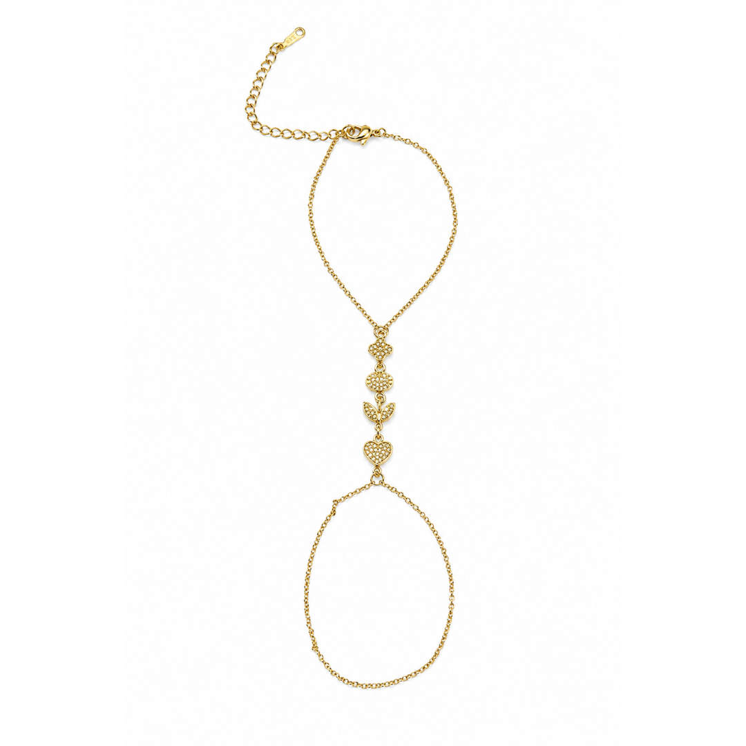 A delicate gold chain accessory featuring a top extension chain, a central cluster of three textured gold charms, and a large circular drop loop at the bottom, displayed on a clean white background.