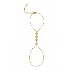 A delicate gold chain accessory featuring a top extension chain, a central cluster of three textured gold charms, and a large circular drop loop at the bottom, displayed on a clean white background.