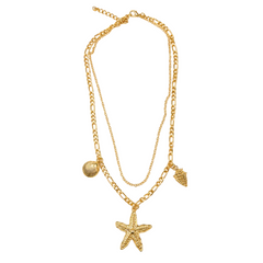 A gold-toned double-layered necklace featuring a textured starfish pendant, a small seashell charm, and a smaller conical shell charm, displayed on a clean white background.