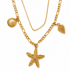 A gold-tone double-layered necklace featuring a larger chain with a starfish pendant and a finer chain with shell-shaped charms, displayed on a clean white background.
