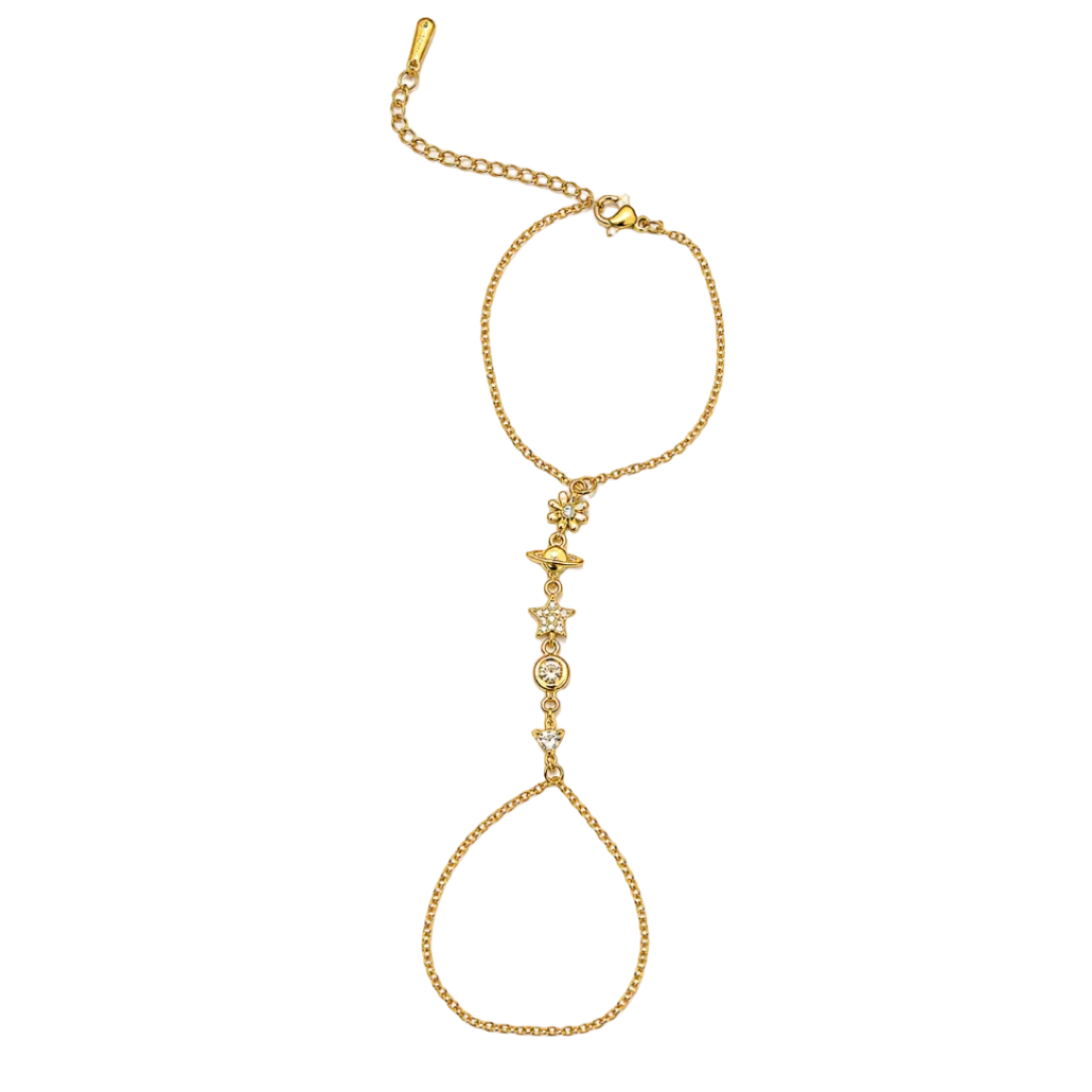 A gold chain anklet featuring a decorative central section with a small butterfly charm, a round clear stone, and a dangling teardrop-shaped chain loop at the bottom, shown on a plain white background.