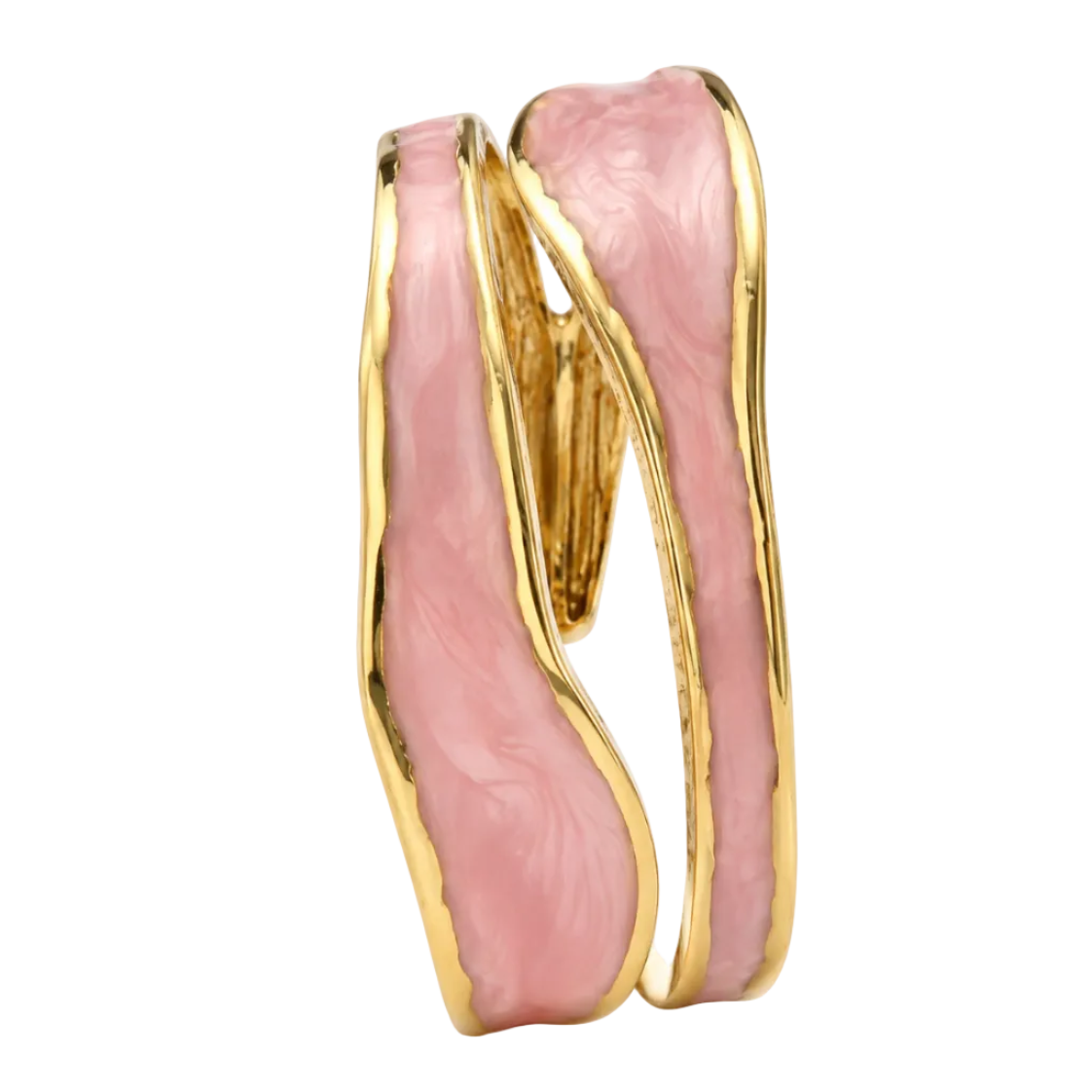 A gold-plated double-band ring with a textured light pink enamel inlay, shown on a clean white background.