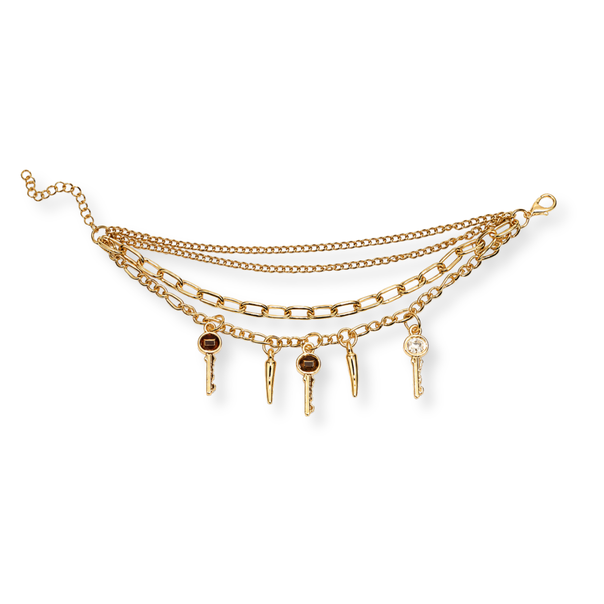 A gold-toned multi-strand chain necklace featuring five dangling key charms, one with a dark brown center and one with a clear rhinestone, displayed on a clean white background.