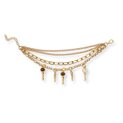 A gold-toned multi-strand chain necklace featuring five dangling key charms, one with a dark brown center and one with a clear rhinestone, displayed on a clean white background.