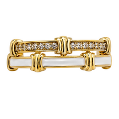 A pair of gold and white mother-of-pearl bamboo-style rings with pavé diamonds, shown on a clean white background.