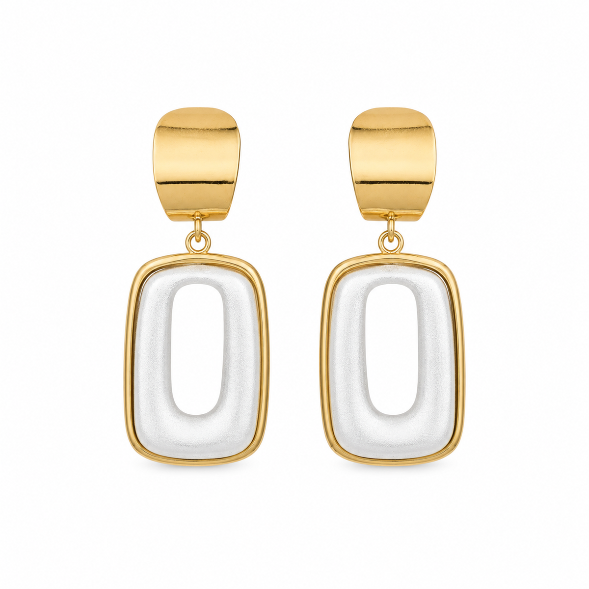 A pair of gold and white geometric drop earrings with rounded rectangular shapes, shown on a plain white background.
