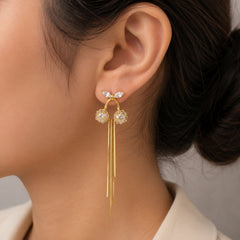 A close-up of a model's ear wearing a gold dangle earring with clear gemstones and long hanging gold bars, against a soft neutral background.