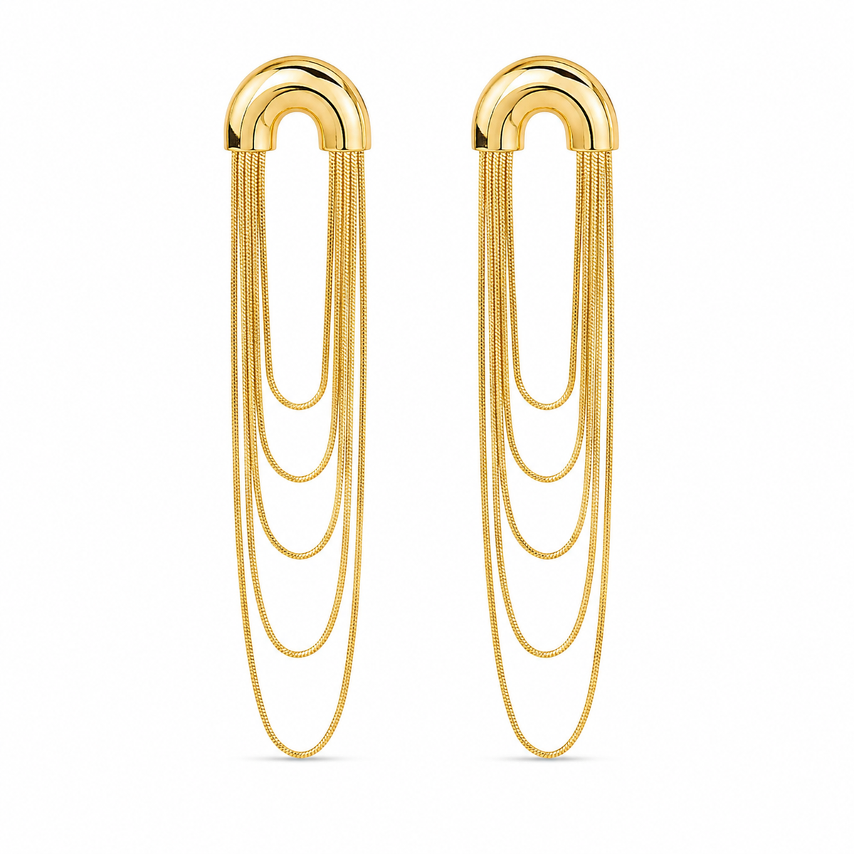 A pair of gold geometric dangle earrings with a curved top and multiple cascading chain-like drops, shown on a plain white background.