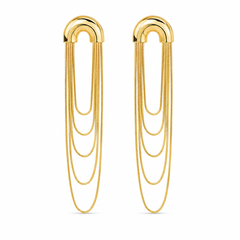 A pair of gold geometric dangle earrings with a curved top and multiple cascading chain-like drops, shown on a plain white background.