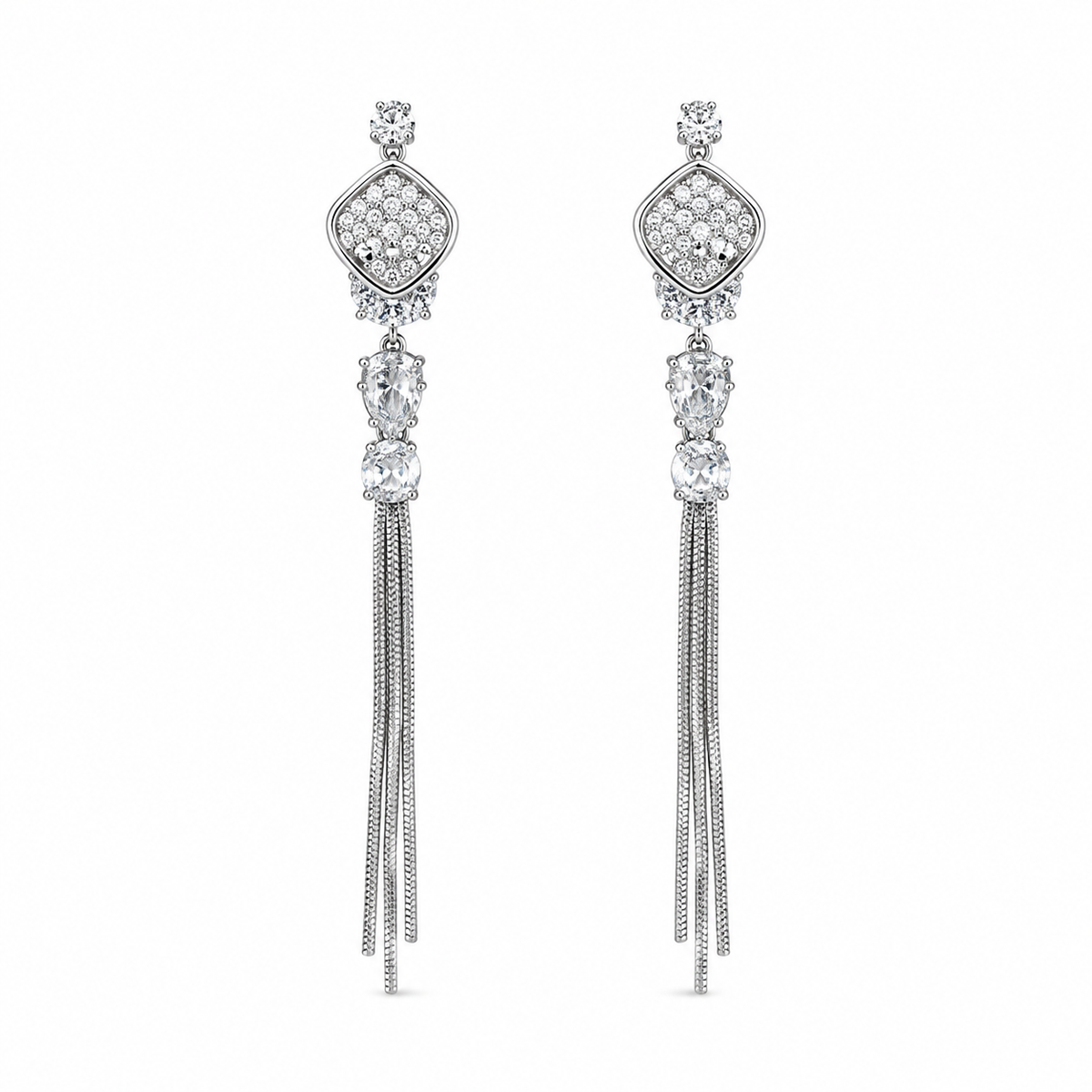 A pair of silver-tone dangle earrings with pavé diamond-cut tops, clear crystal accents, and long snake-chain tassel drops, shown on a plain white background.