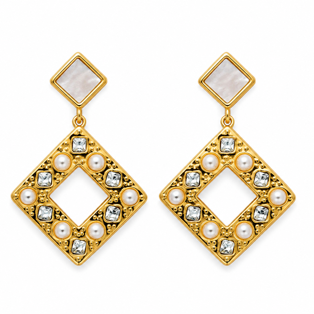 A pair of gold-tone drop earrings with a square mother-of-pearl stud at the top and a larger openwork diamond-shaped pendant below, decorated with small pearls and clear square crystals on a white background.