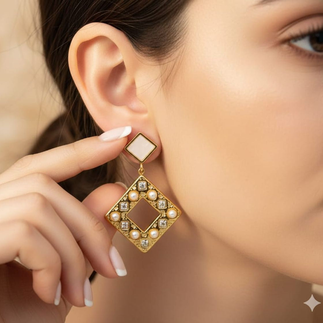 A close-up lifestyle shot of a woman wearing a gold geometric dangle earring with white faux pearls and clear crystals, while touching her ear with a manicured finger.