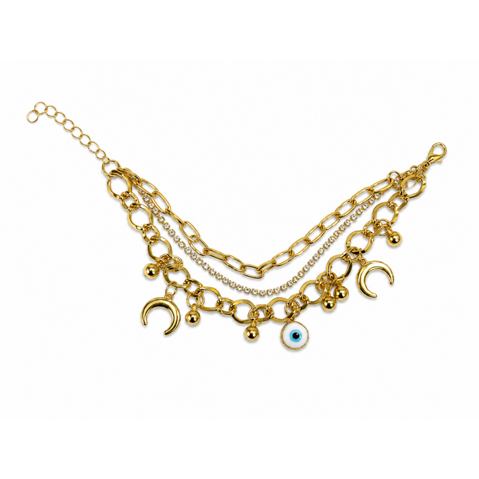 A gold-toned multi-strand chain necklace featuring crescent moon, ball, and evil eye charms, displayed on a clean white background.