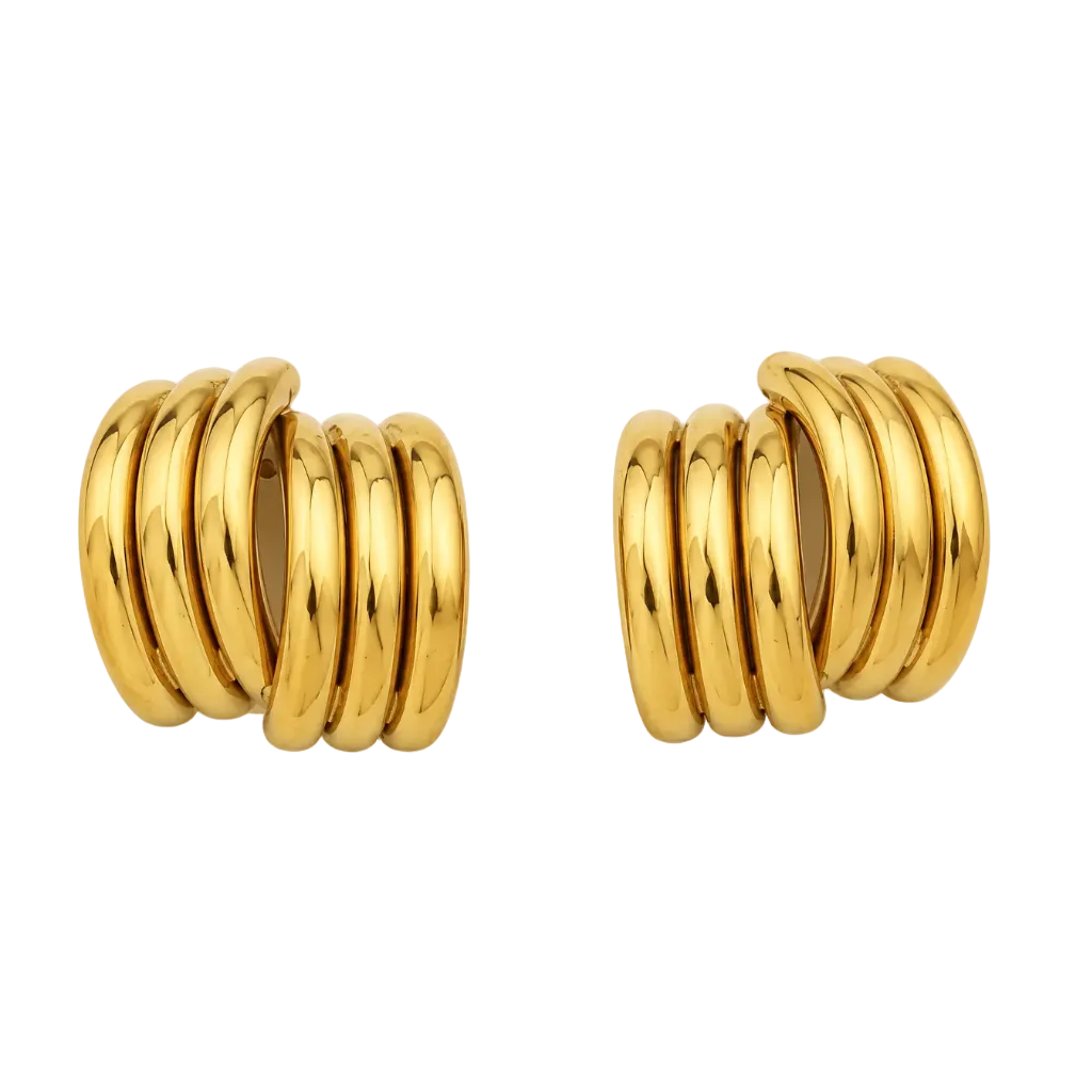 A pair of gold hoop earrings with multiple polished bands, displayed on a clean white background.