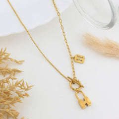 A gold necklace with a toggle clasp and a small padlock pendant, styled on a white surface with dried grass and a glass rim.