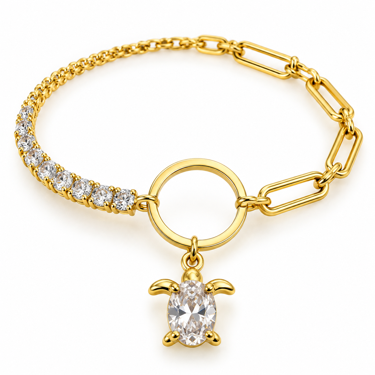 A gold-plated bracelet featuring a mix of chain styles, a curved section set with clear round-cut gemstones, a large central ring, and a dangling turtle charm with a clear oval gemstone, all on a white background.