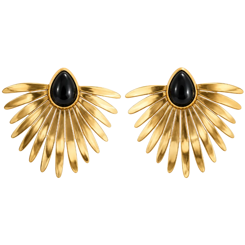 A pair of gold fan-shaped earrings with teardrop-shaped black onyx centers, displayed on a clean white background.