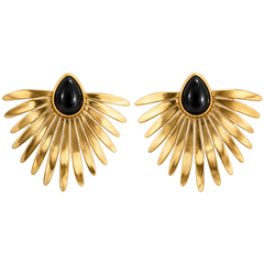 A pair of gold fan-shaped earrings with teardrop-shaped black onyx centers, displayed on a clean white background.