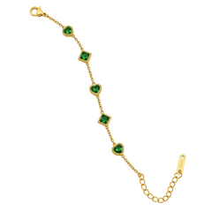 A gold chain bracelet featuring five green gemstone settings in a heart, diamond, and heart pattern, shown on a plain white background.