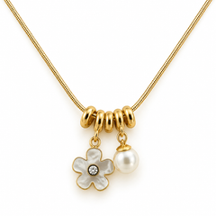 Gold Tone Floral Pearl Charm Neckpiece