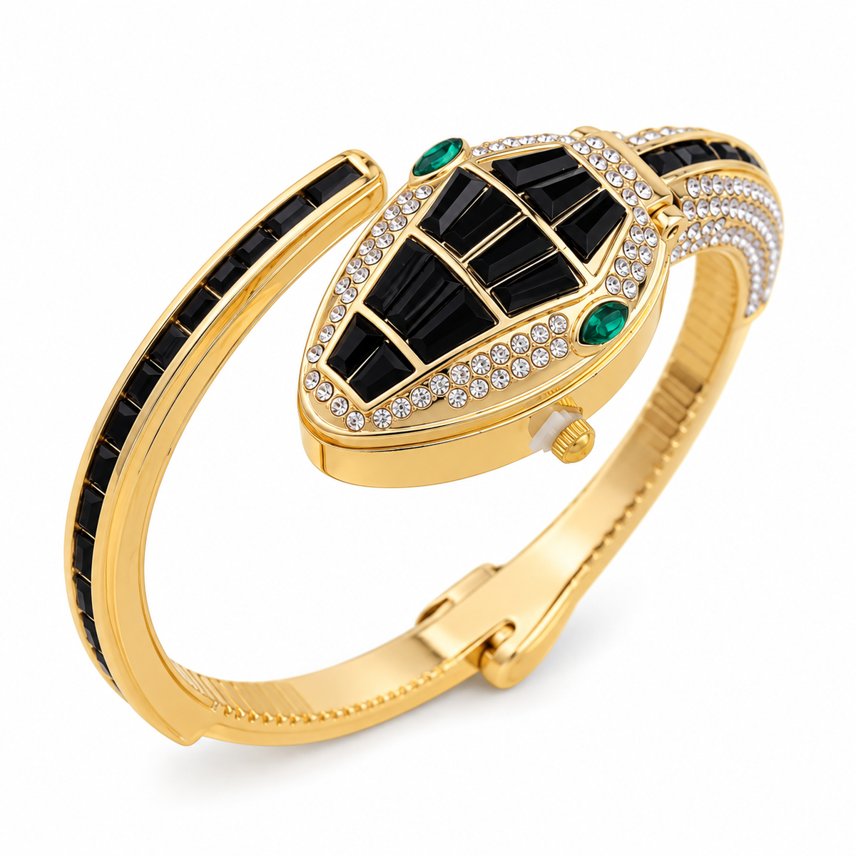 A gold bangle bracelet featuring a stylized crocodile head motif with black inlay, clear rhinestones, and green emerald accents, shown on a clean white background.