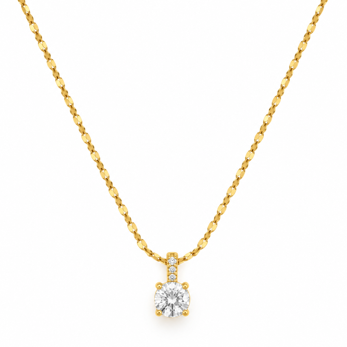 A yellow gold necklace with a single round-cut diamond pendant and small accent diamonds on the bail, shown against a plain white background.