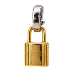 A gold padlock pendant charm with a polished silver clasp, shown on a clean white background.