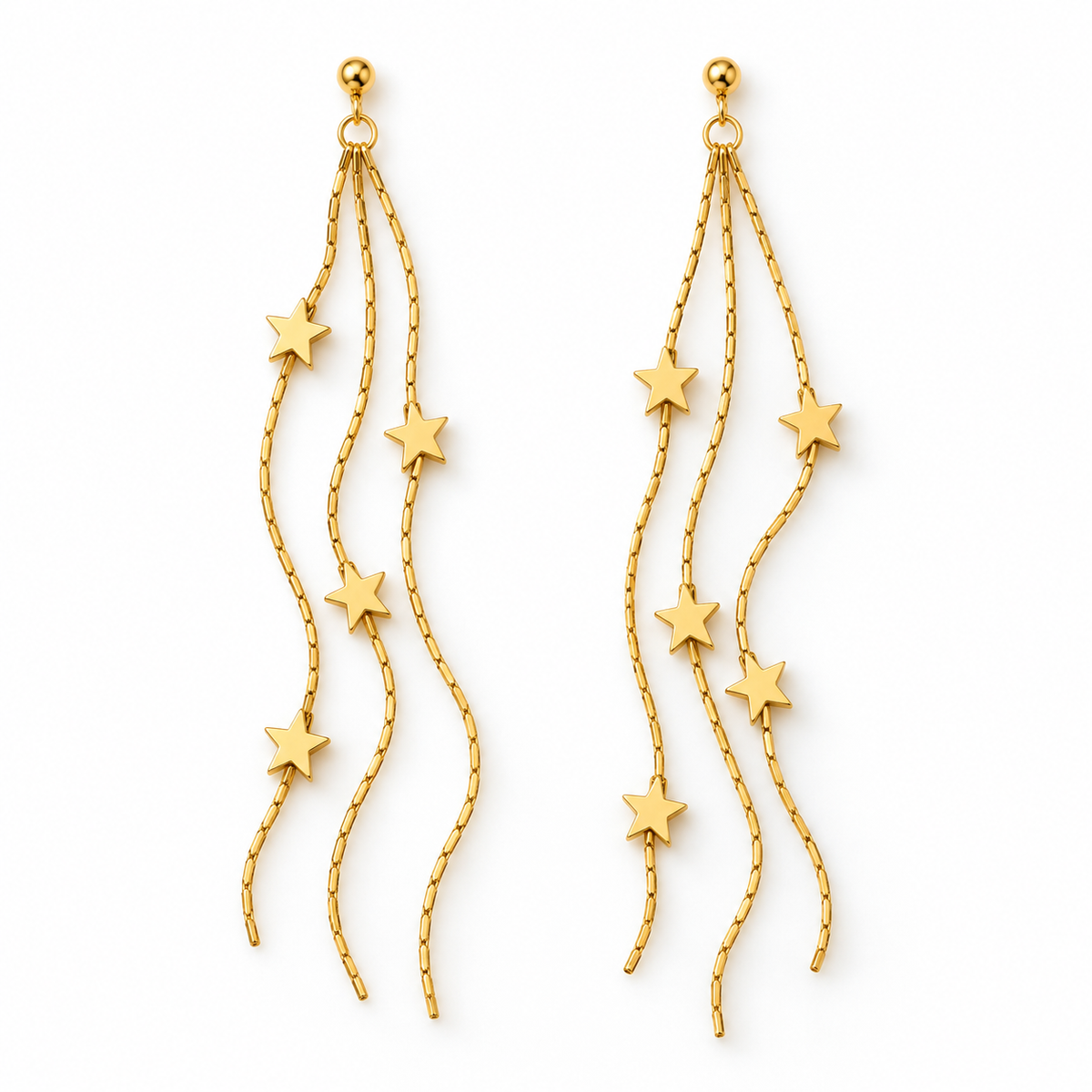A pair of gold dangle earrings with wavy chain-like strands and five star-shaped charms on each earring, shown against a plain white background.