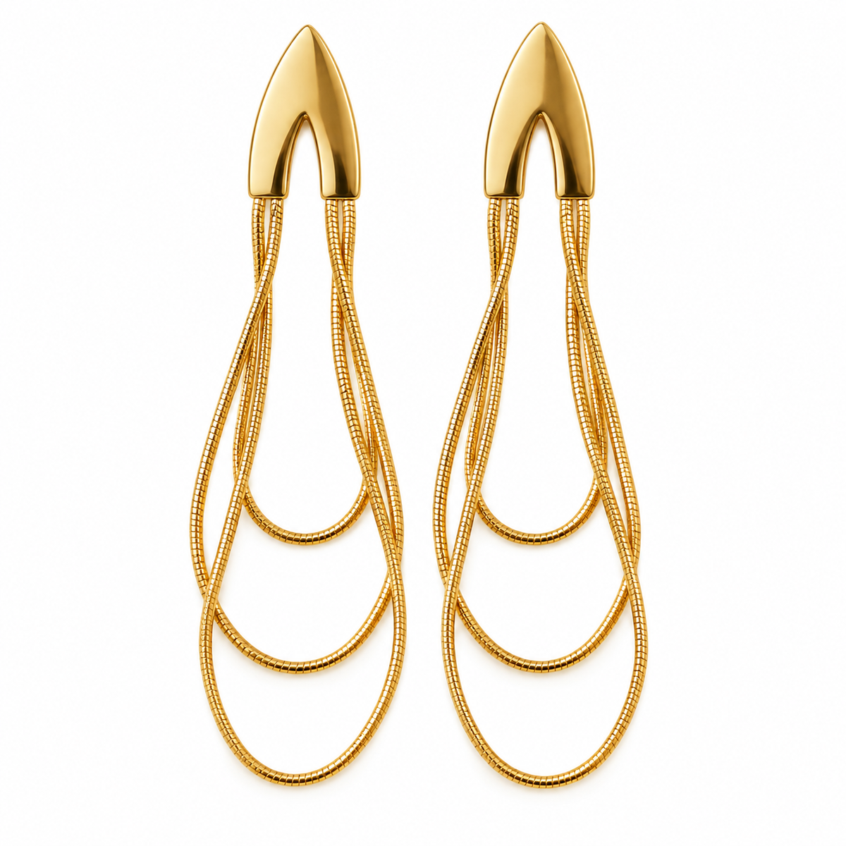 A pair of gold statement dangle earrings with a textured, layered snake-chain design and a polished teardrop-shaped top, shown on a plain white background.