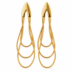 A pair of gold statement dangle earrings with a textured, layered snake-chain design and a polished teardrop-shaped top, shown on a plain white background.