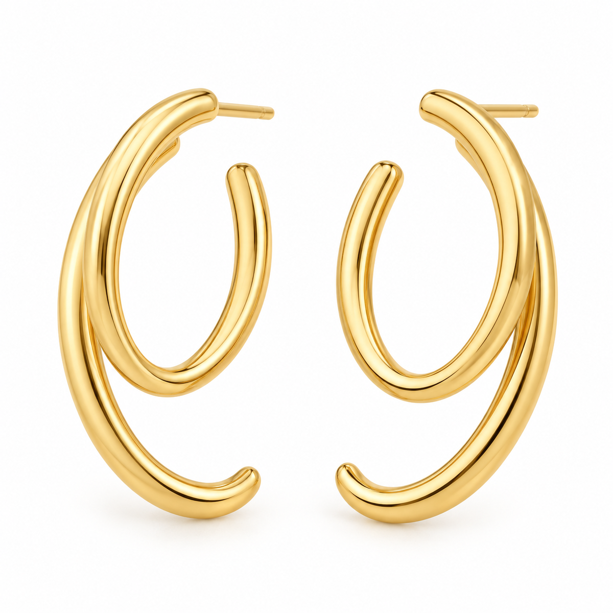 A pair of polished gold double-hoop earrings with a modern, fluid curved design, displayed on a clean white background.