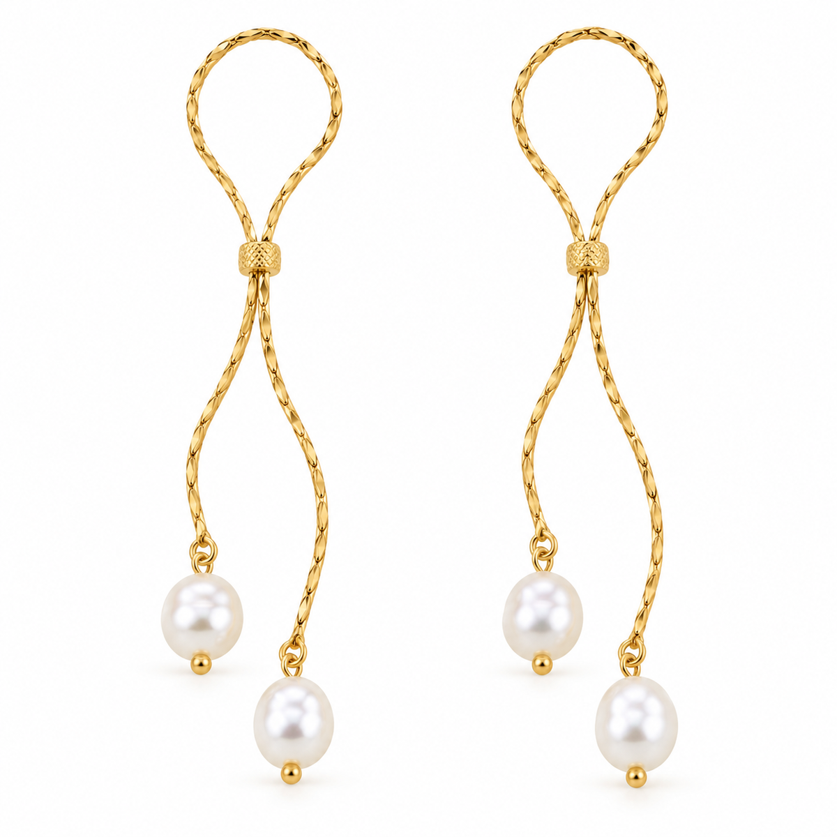 A pair of gold dangle earrings with twisted rope-like chains, small decorative knots, and three white pearl drops each, shown on a plain white background.