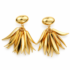 A pair of gold statement earrings featuring a smooth oval stud on the top and a dangling fan-like cluster of elongated leaf-shaped drops below, shown on a plain white background.