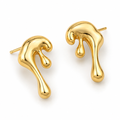 A pair of gold-plated drop earrings with a dripping, organic shape, displayed on a clean white background.