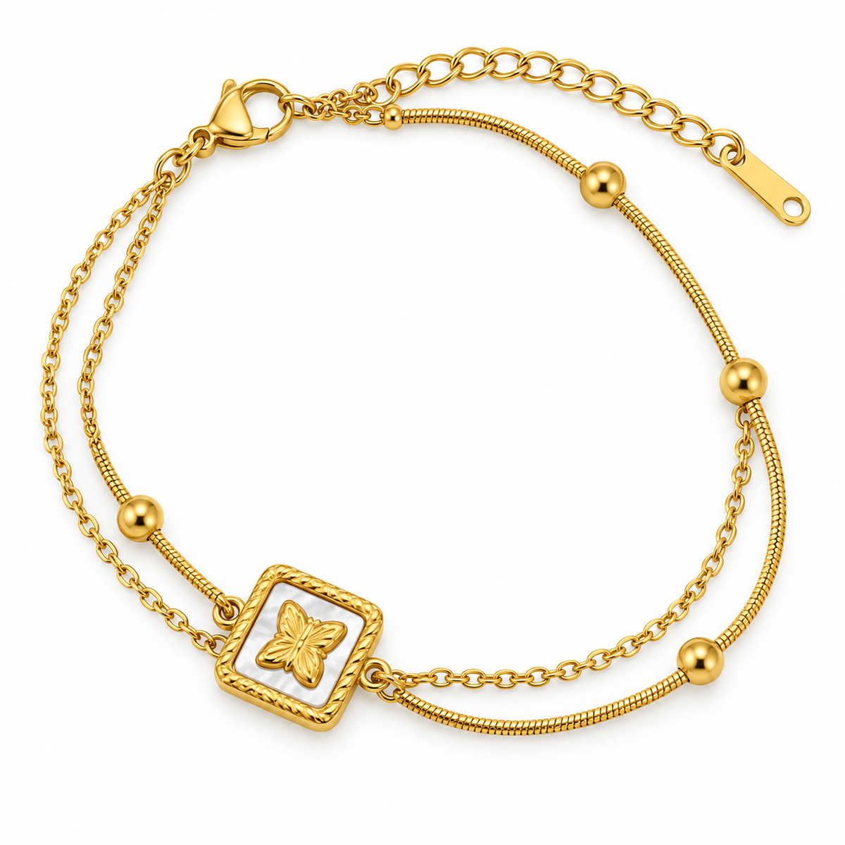 A gold double-strand chain bracelet featuring a square charm with a butterfly motif on a white inlay, accented with small gold beads, shown on a plain white background.
