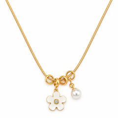 Gold Tone Floral Pearl Charm Neckpiece