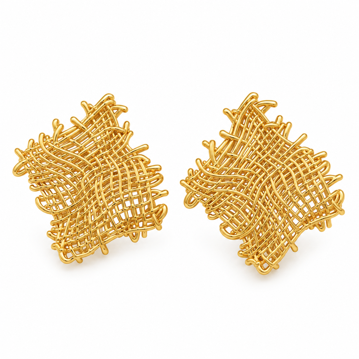 A pair of gold-toned geometric wire mesh earrings with an abstract, woven basket-like pattern, displayed on a clean white background.